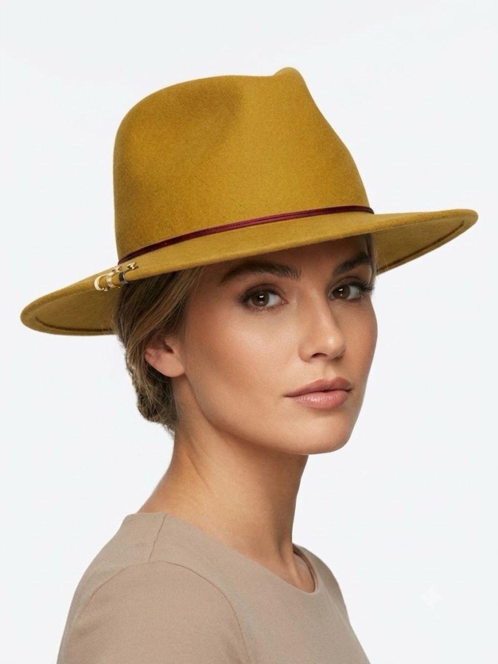Gigi Pip Wes Wool Felt Flat Wide Brim Fedora Hat in Mustard
